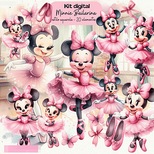 Kit Digital Minnie Bailarina Rosa Aquarela Arquivos em Png