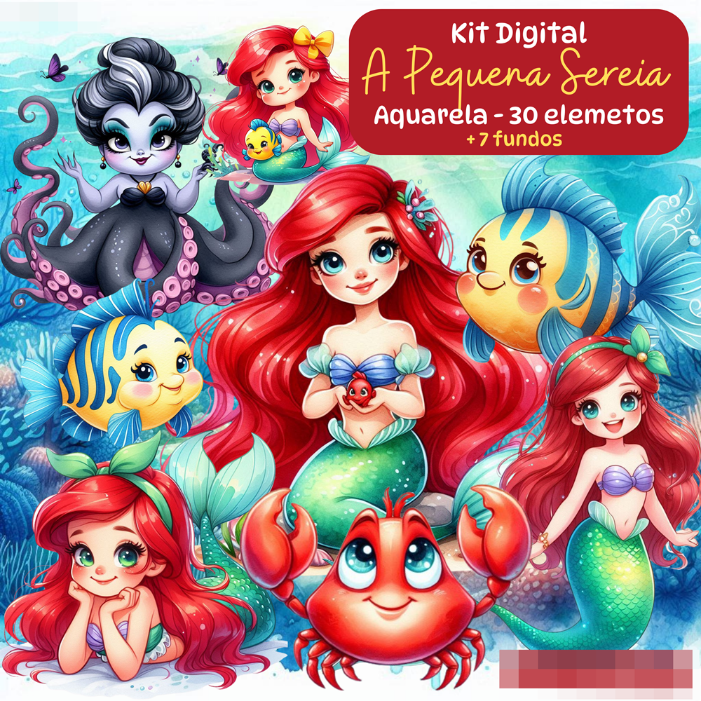 Kit Digital A Pequena Sereia Aquarela Arquivos em Png 1