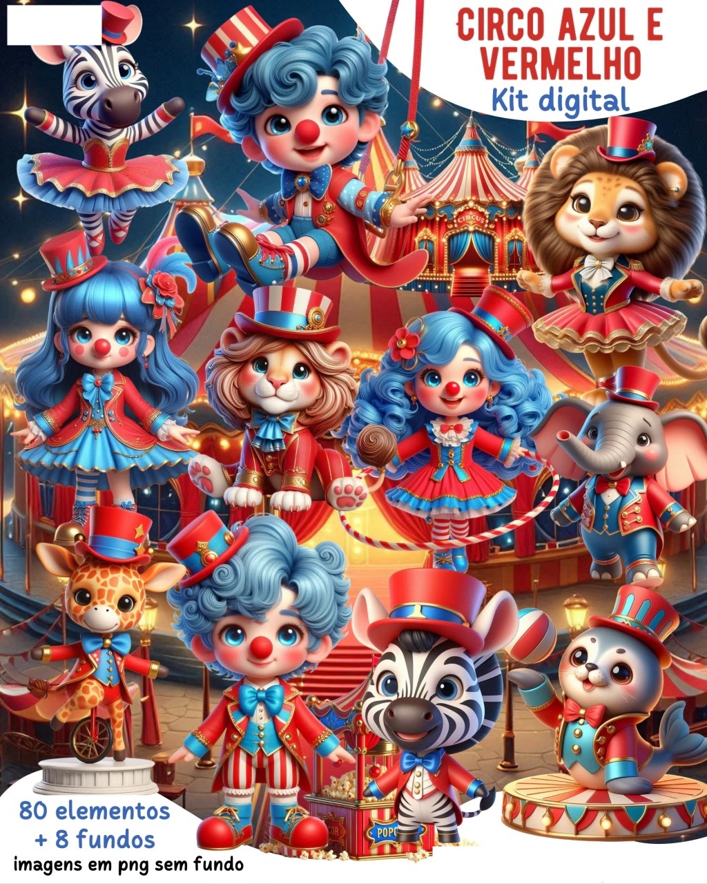 Kit Digital Circo Azul e Vermelho 3D Arquivos em Png 1