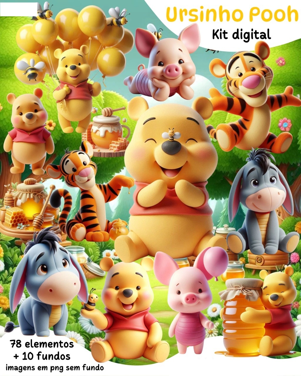 Kit Digital Ursinho Pooh 3D Arquivos em Png 1