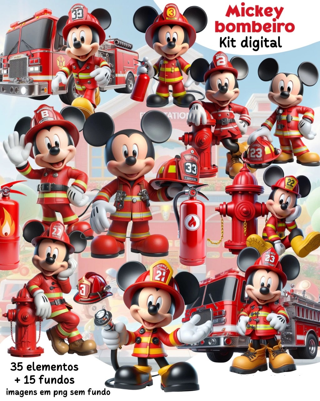 Kit Digital Mickey Bombeiro Arquivos em Png 1