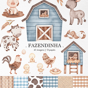 Kit Digital Fazendinha Azul Aquarelado Arquivos em Png