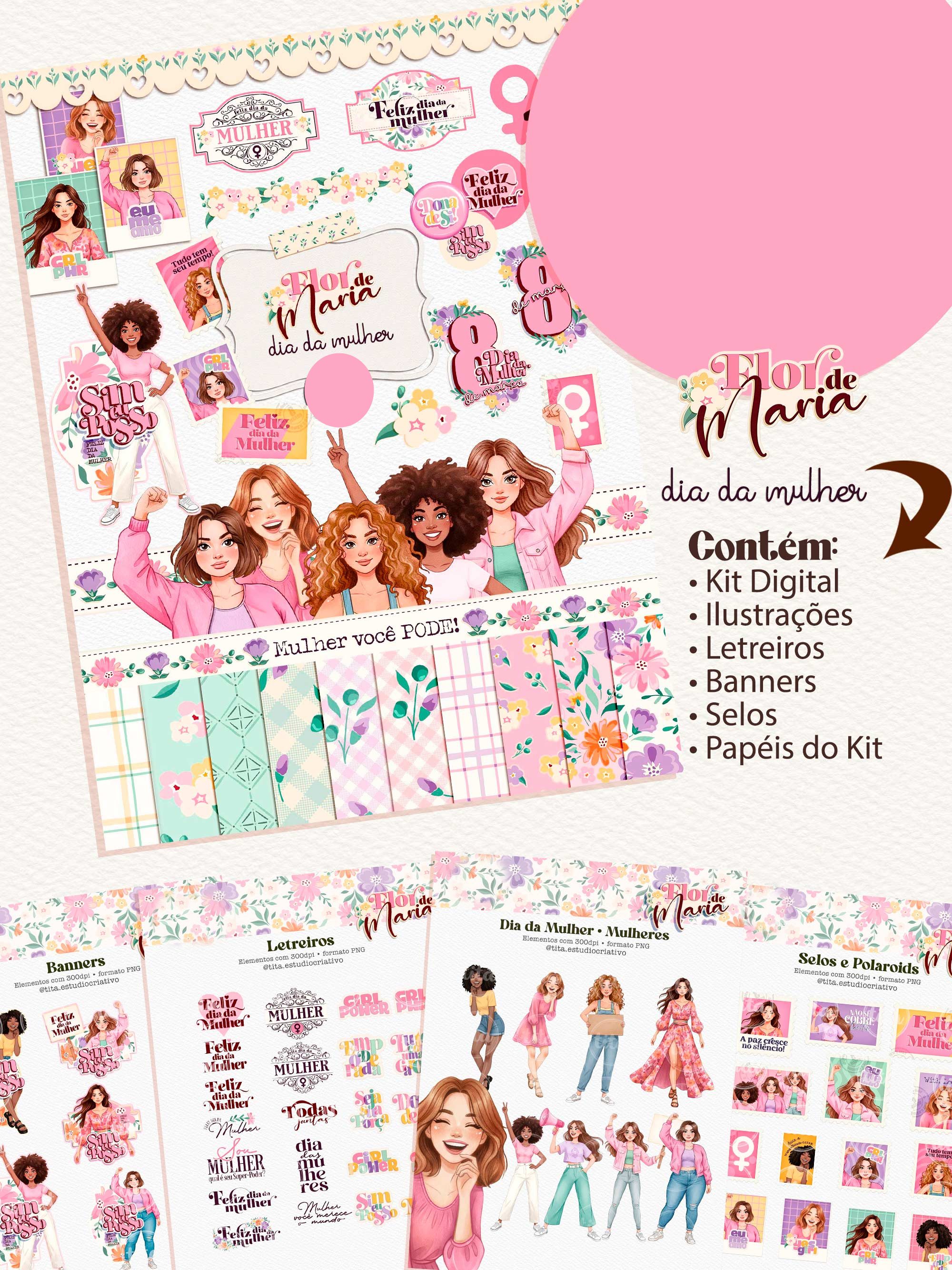 Kit Digital Flor de Maria Dia das Mulheres Arquivos em Png 1