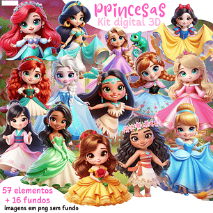 Kit Digital Princesas disney 3D Arquivos em Png
