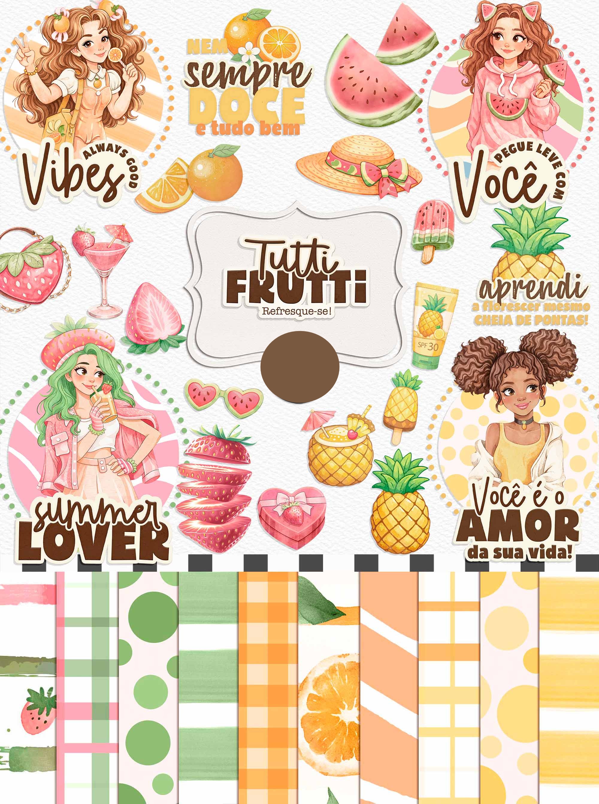Kit Digital Mulheres Tutti Fruti Meninas Frutinhas Aquarelado Arquivos em Png 1