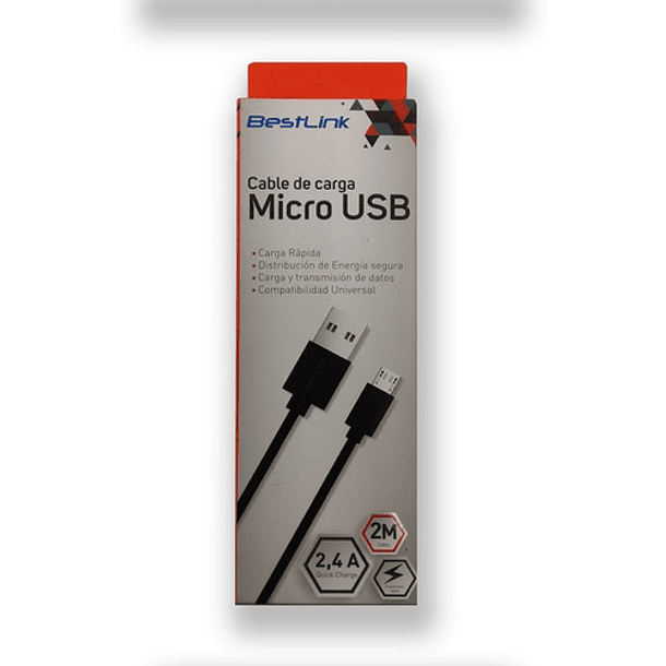 Cable de carga y datos MICRO USB 2.4A NEGRO 2 MTS 2