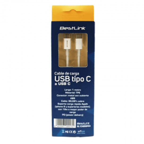Cable de carga y datos USB-C A USB-C 18W 3A BLANCO 1 MTS  3