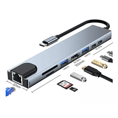 Hub USB-C 8 EN 1 - RJ45 + LECTOR TF/PD + HDMI 4K + PD 87W 