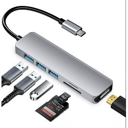 Hub USB-C 6 EN 1 - 1 USB3.0, 2 USB2.0 + Lector TF+SD + HDMI 4K