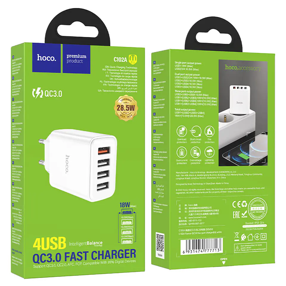 Cargador Hoco C102A 18w QC3.0 4 Puertos Blanco 3