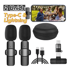 2 micrófonos Inalámbricos Solapa Lavalier USB-C y Lightning