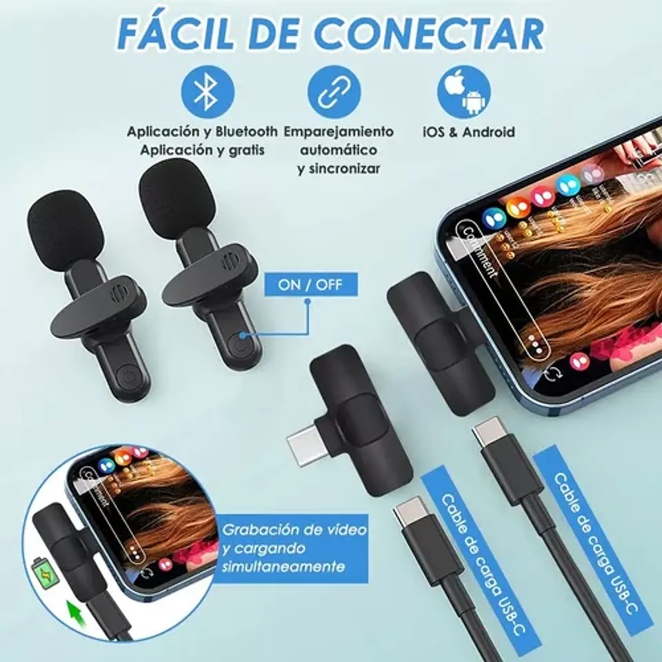 2 micrófonos Inalámbricos Solapa Lavalier USB-C y Lightning 3