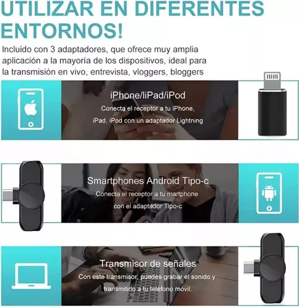 2 micrófonos Inalámbricos Solapa Lavalier USB-C y Lightning 5