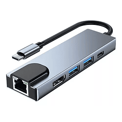 Adaptador Hub USB-C 5 en 1 a HDMI + USB3.0 +2.0 + RJ45 + PD