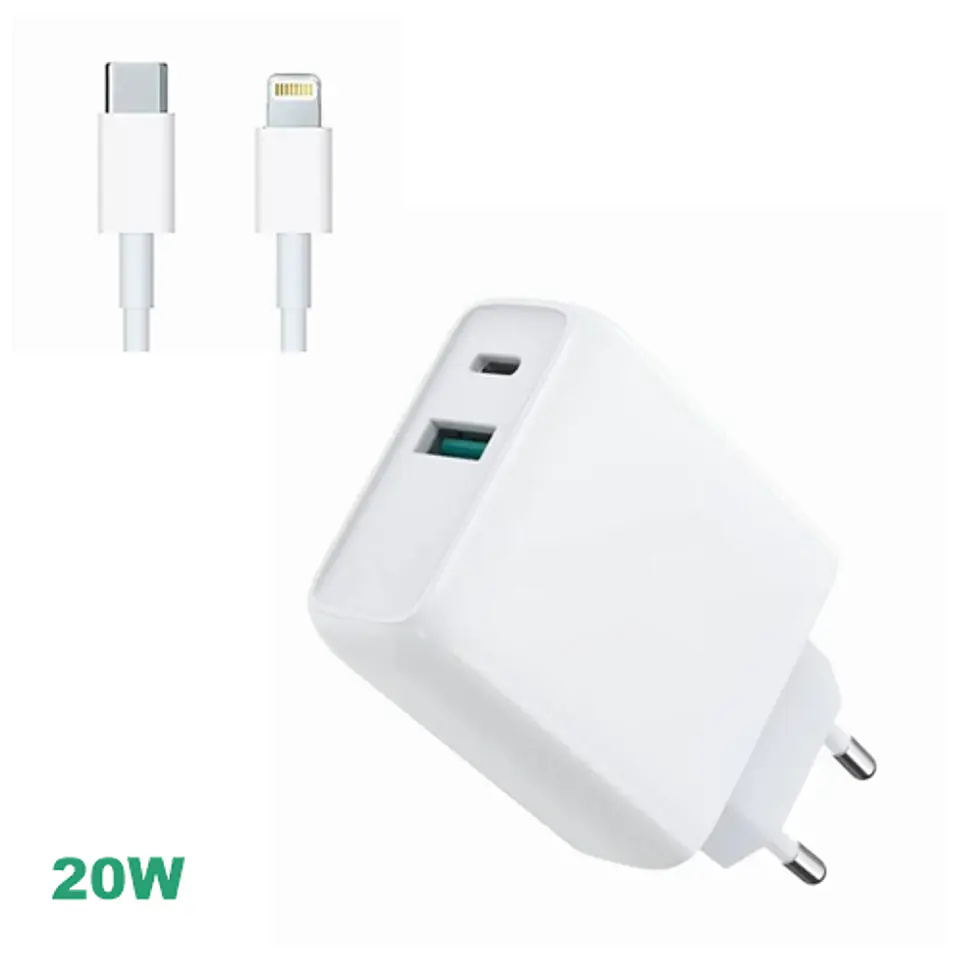 Cargador Turbo DUAL 20W USB QC3.0 + USB-C + cable USB-C a Lightning 1