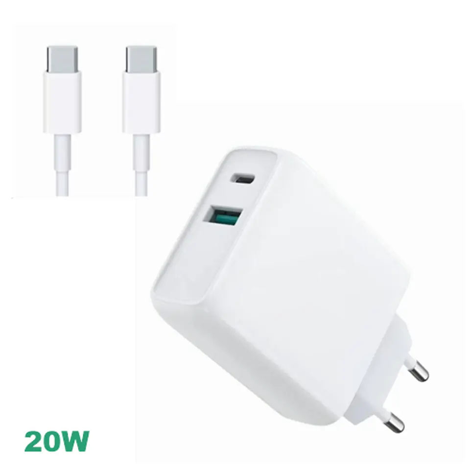 Cargador Turbo DUAL 20W USB QC3.0 + USB-C + cable USB-C a USB-C 1