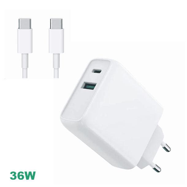 Cargador Ultra rapido 36W Doble USB-C QC3.0 + USB-C a USB-C