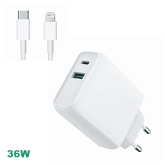 Cargador Ultra rapido 36W Doble USB-C QC3.0 + USB-C a Lightning