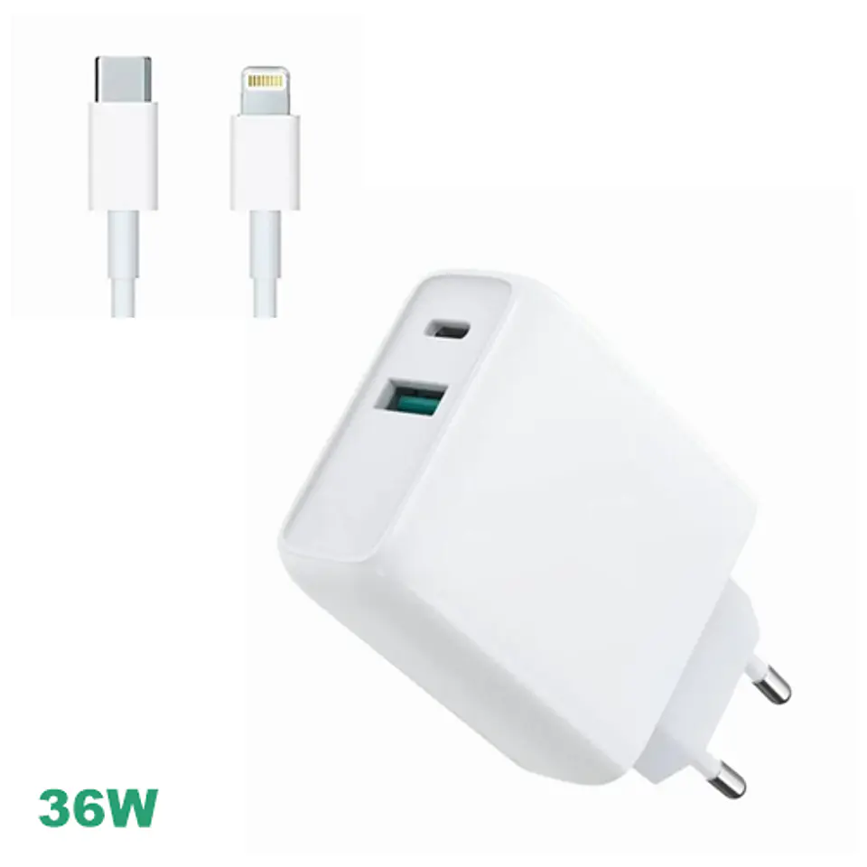 Cargador Ultra rapido 36W Doble USB-C QC3.0 + USB-C a Lightning 1