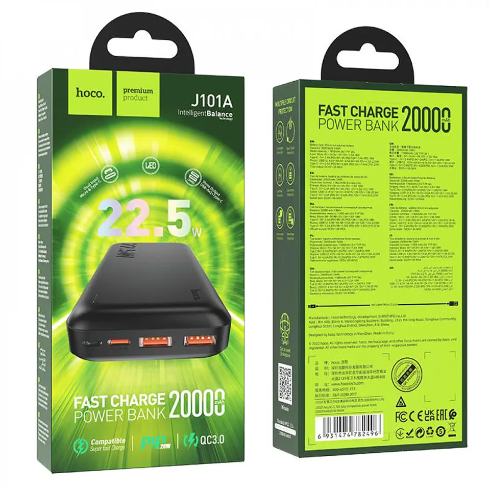 POWER BANK CARGA RAPIDA 20000 MAH HOCO J101A NEGRO 2