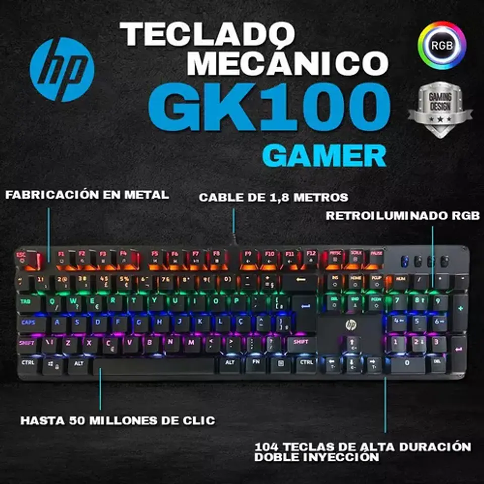 Teclado Gamer Mecánico Hp Gk100 Led Rgb / Qwerty / Anti-ghos 3