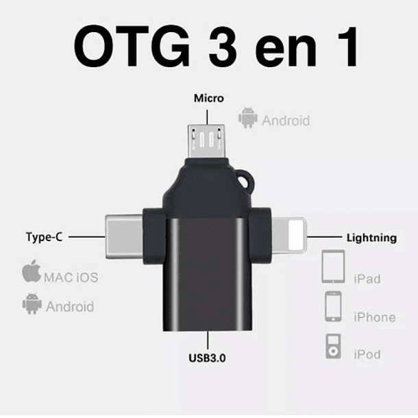 Adaptador OTG 3 EN 1  micro-USB-C-Lightning A USB 3.0 3