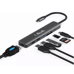 Adaptador multipuerto USB C 7 en 1 USB3.0, HDMI, SD, MicroSD, USB 2.0, PD3.0, Aluminio
