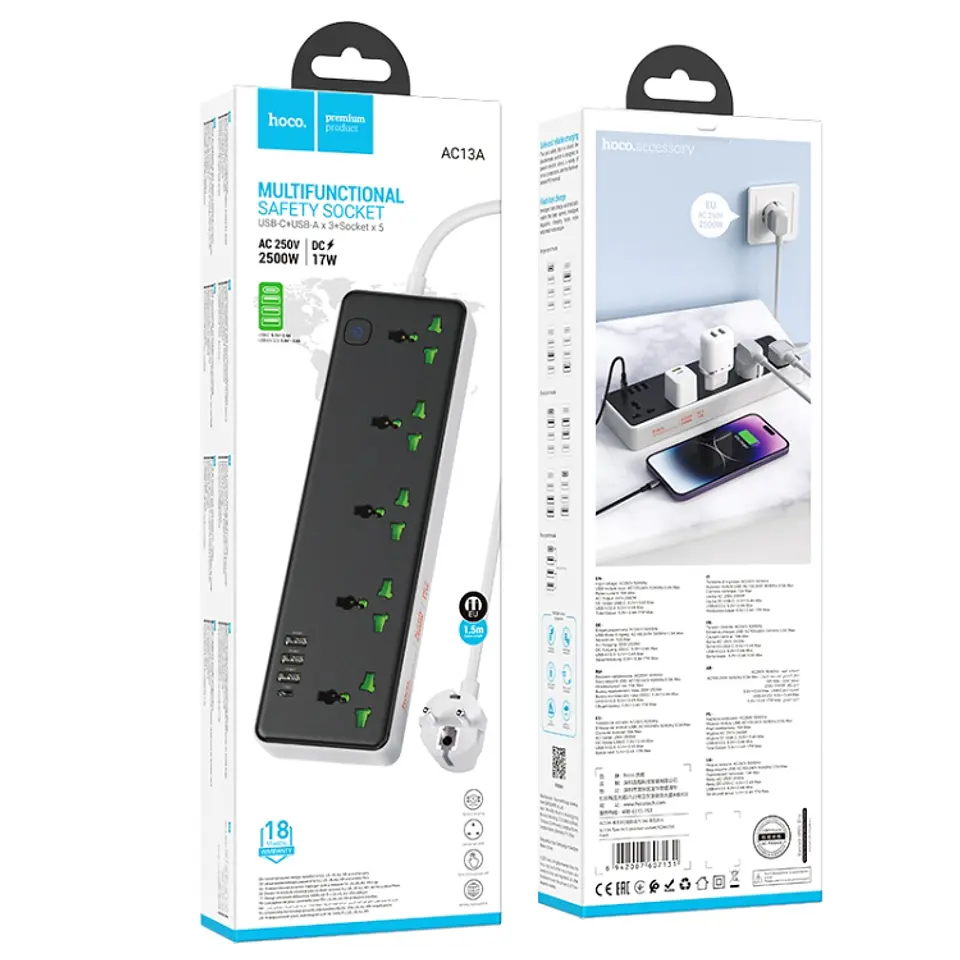 Alargador Multifuncional 5 Puertos Hoco Ac13a + cargadores USB y USB-C 2