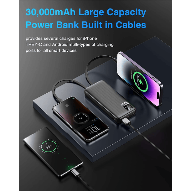 Batearía portátil 10.000mah + cables C y IPhone 22.55w negra  3