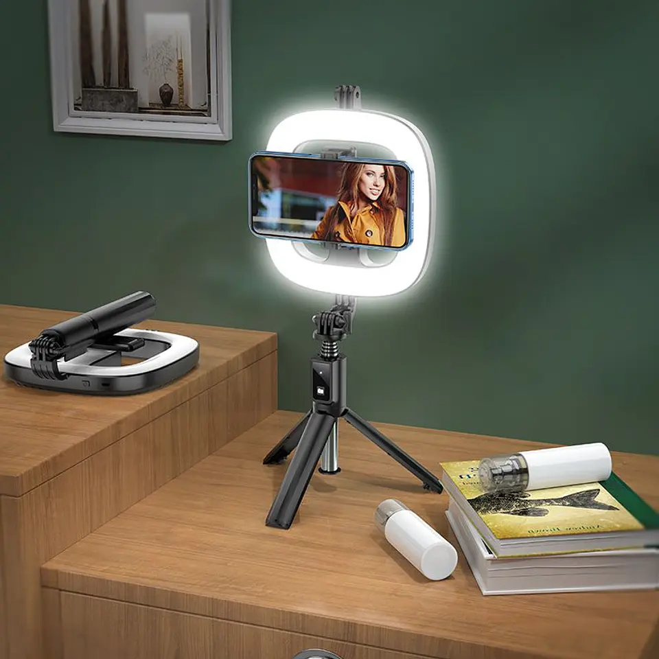 Tripode selfie con aro de luz para celular HOCO LV03 Negro  5