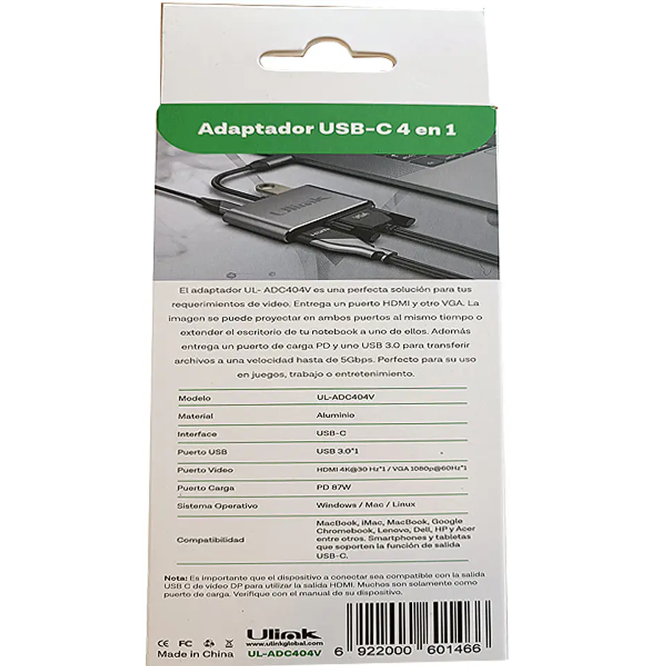 HUB Adaptador de imagen USB-C 4 en 1  (1 HDMI + 1 VGA + 1 USB 3.0 + 1 USB-C PD 87W) 5