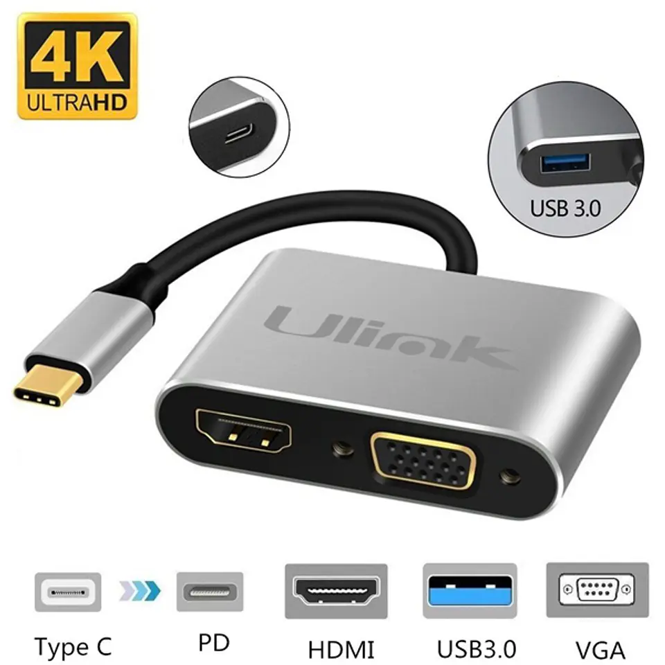 HUB Adaptador de imagen USB-C 4 en 1  (1 HDMI + 1 VGA + 1 USB 3.0 + 1 USB-C PD 87W) 3