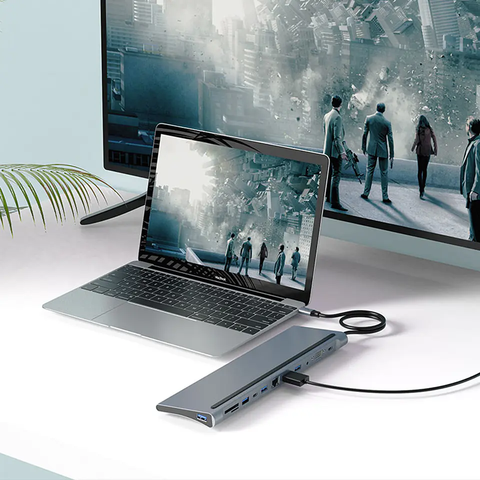 HUB USB-C 12 en 1 (1 HDMI + 1 RJ45 +1 USB-C PD 100W + 1 USB 3.0 + 2 USB 2.0 + 1 USB-C + 1 VGA + 1 jack 3.5 + 1 MICROSD + 1 SD) 3