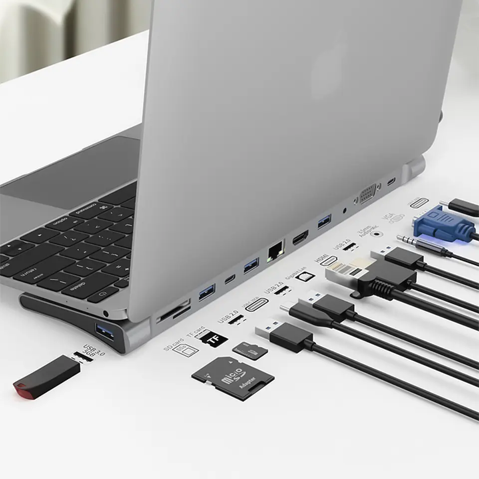 HUB USB-C 12 en 1 (1 HDMI + 1 RJ45 +1 USB-C PD 100W + 1 USB 3.0 + 2 USB 2.0 + 1 USB-C + 1 VGA + 1 jack 3.5 + 1 MICROSD + 1 SD) 2