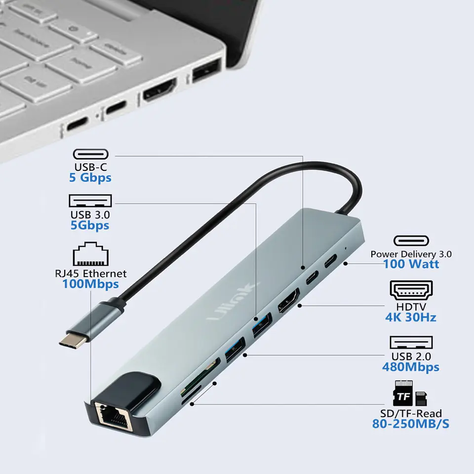 HUB USB-C 8 EN 1 (1 RJ45 + 1 HDMI + 1 PD 100 W + 1 USB-C + 2 USB 3.0 + 1 SD + 1 MICROSD ) 2