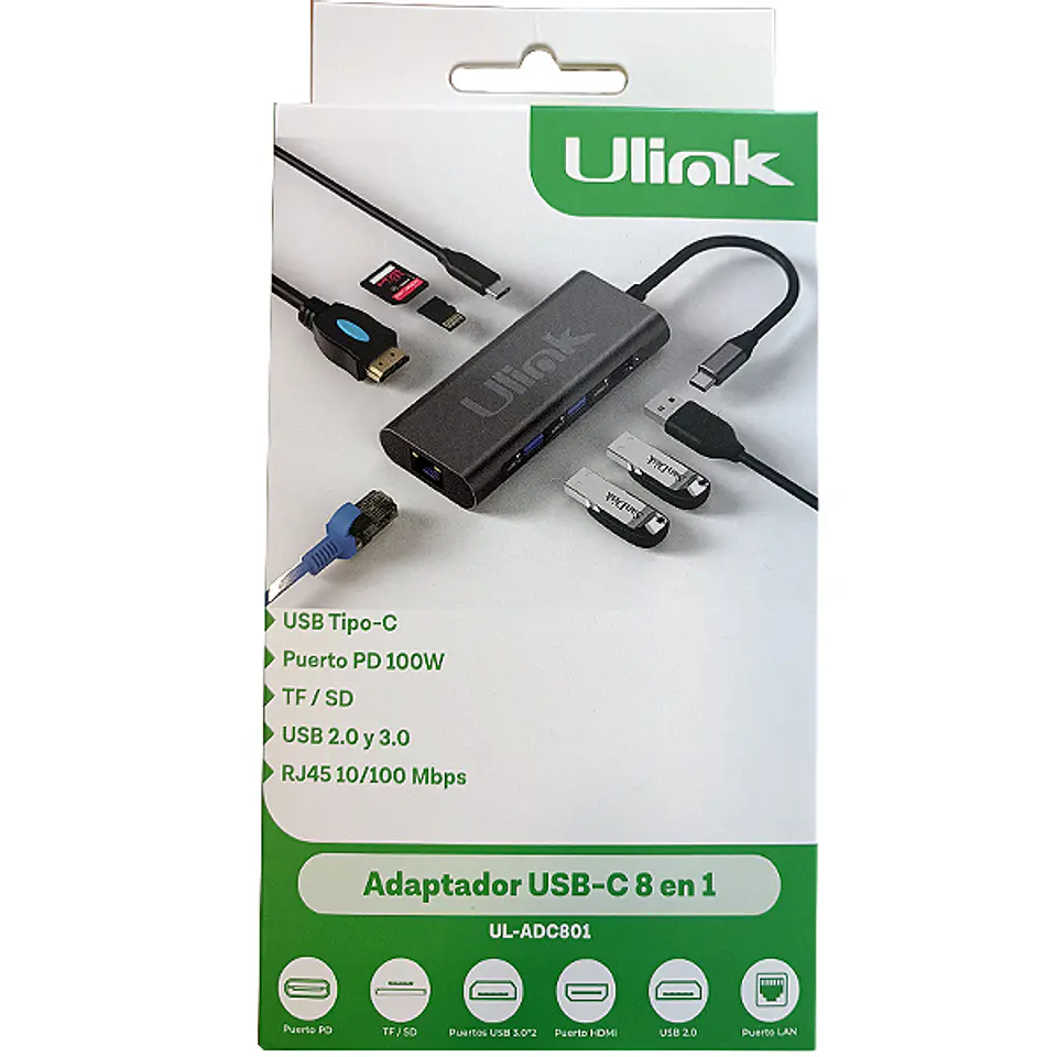 HUB USB-C 8 en 1 (1 RJ45 + 1 HDMI + 2 USB 3.0 + 1 USB 2.0 + 1 USB-C PD 100W + 1 MICROSD + 1 SD)  4