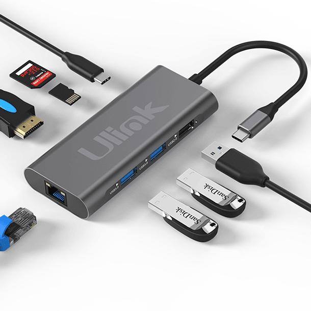 HUB USB-C 8 en 1 (1 RJ45 + 1 HDMI + 2 USB 3.0 + 1 USB 2.0 + 1 USB-C PD 100W + 1 MICROSD + 1 SD)  1