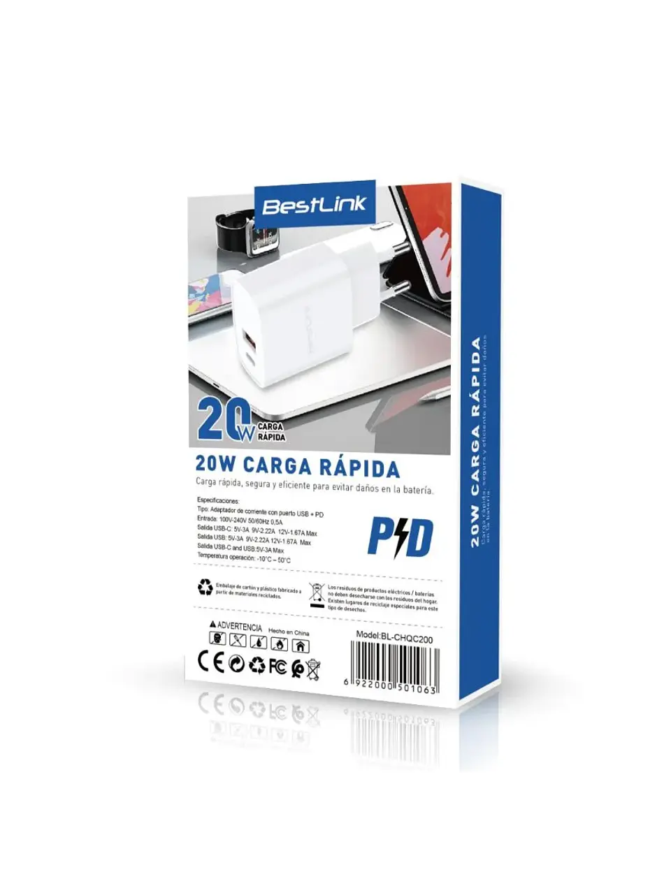 Cargador dual PD+QC 20W con cable USB A TIPO C BESTLINK  3