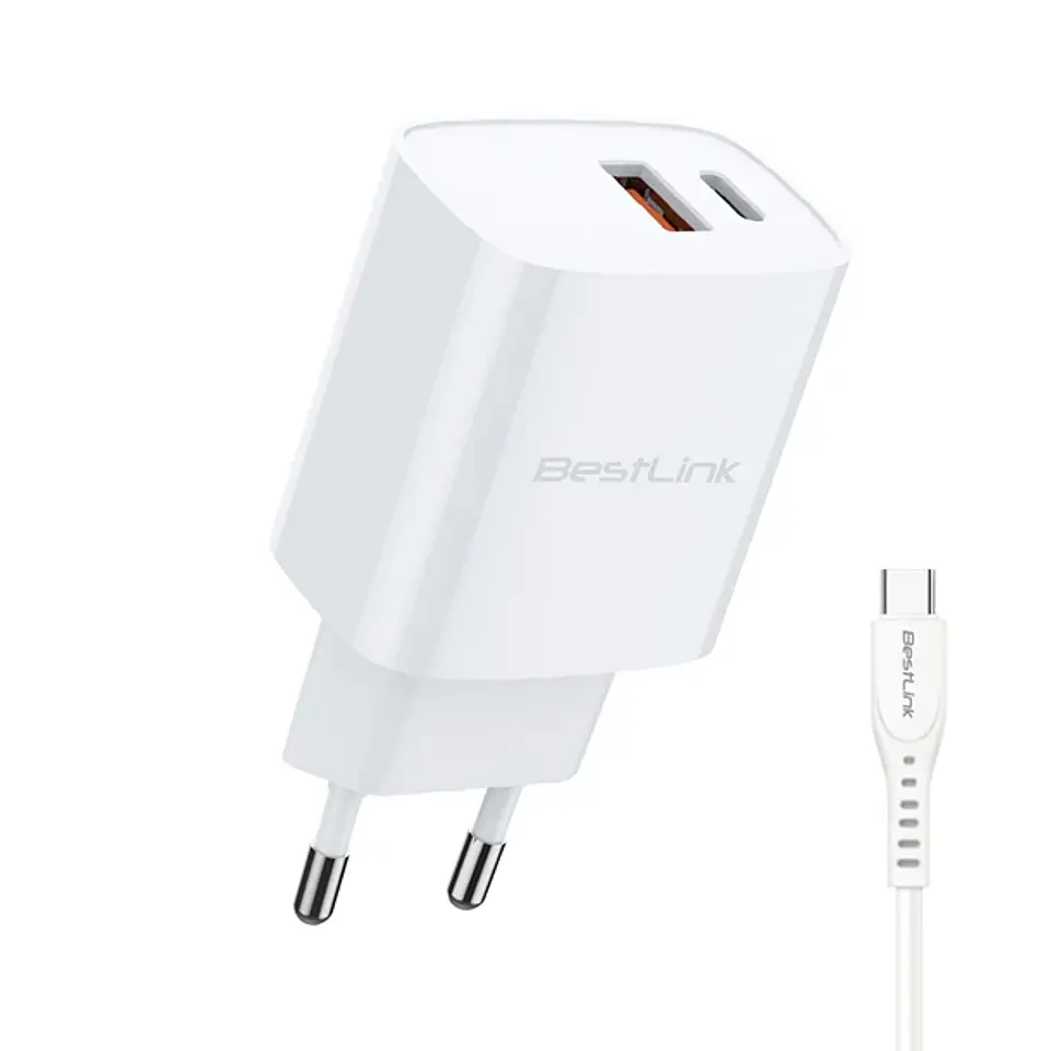 Cargador dual PD+QC 20W con cable USB A TIPO C BESTLINK  1