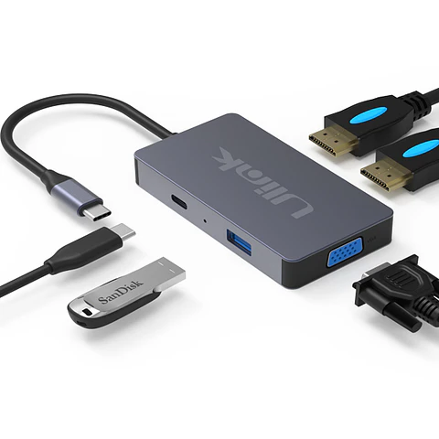 HUB USB-C 5 puertos (2 HDMI + 1 VGA + 1 USB-C PD 60W + 1 USB 3.0)