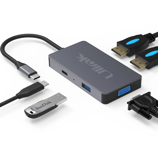 HUB USB-C 5 puertos (2 HDMI + 1 VGA + 1 USB-C PD 60W + 1 USB 3.0) 1