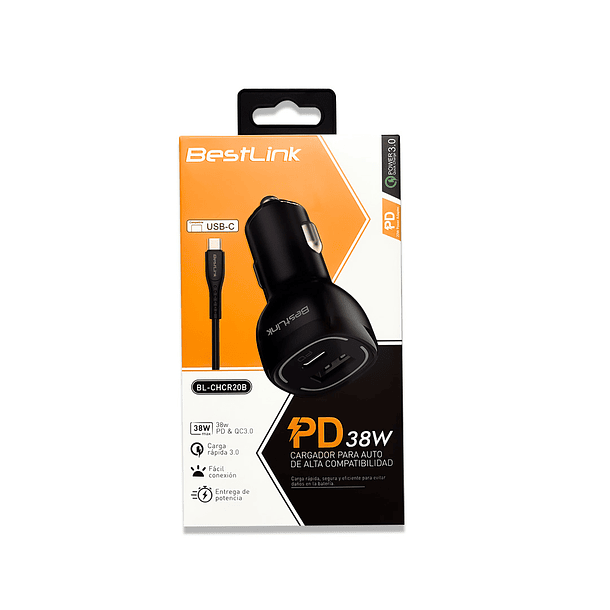 Cargador de auto QC+PD20W c/cable USB C color negro 5