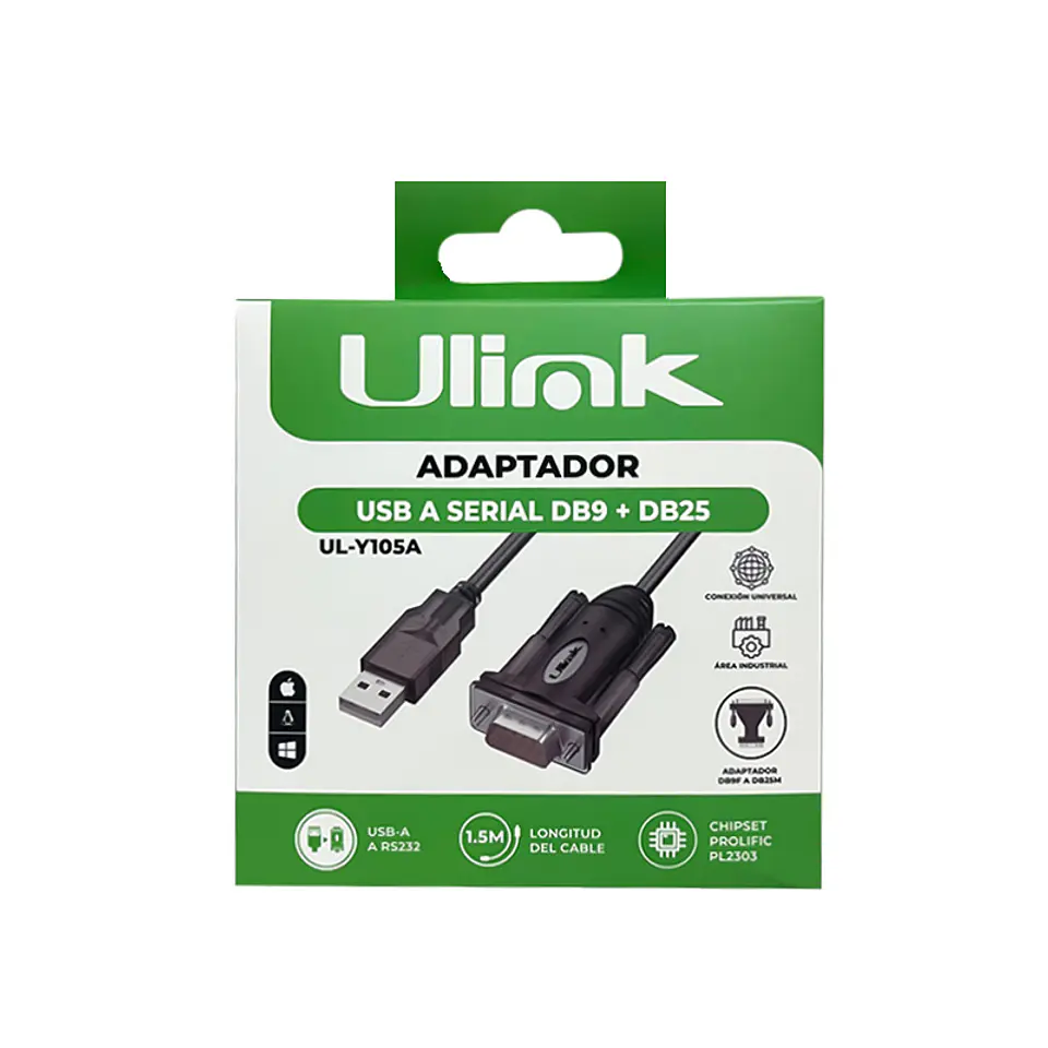 Adaptador USB A SERIAL DB9 + DB25 1.5M ULINK  3