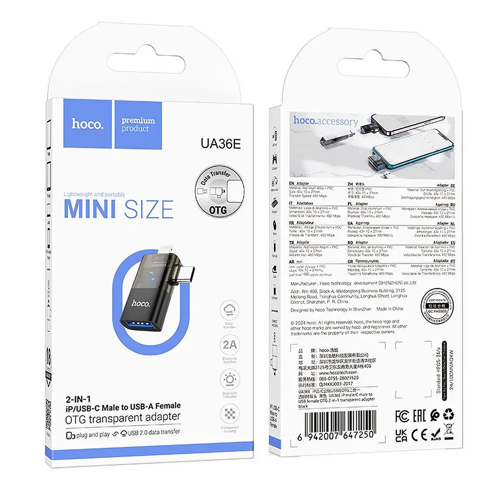 Adaptador HOCO UA36E 2 en 1 Lightning - tipo C macho a USB  4