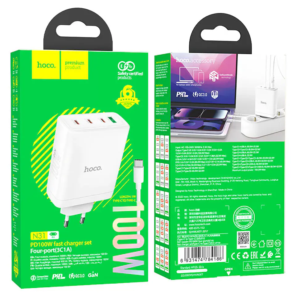 Cargador HOCO N31 3 TIPO C + 1 USB 100W  2