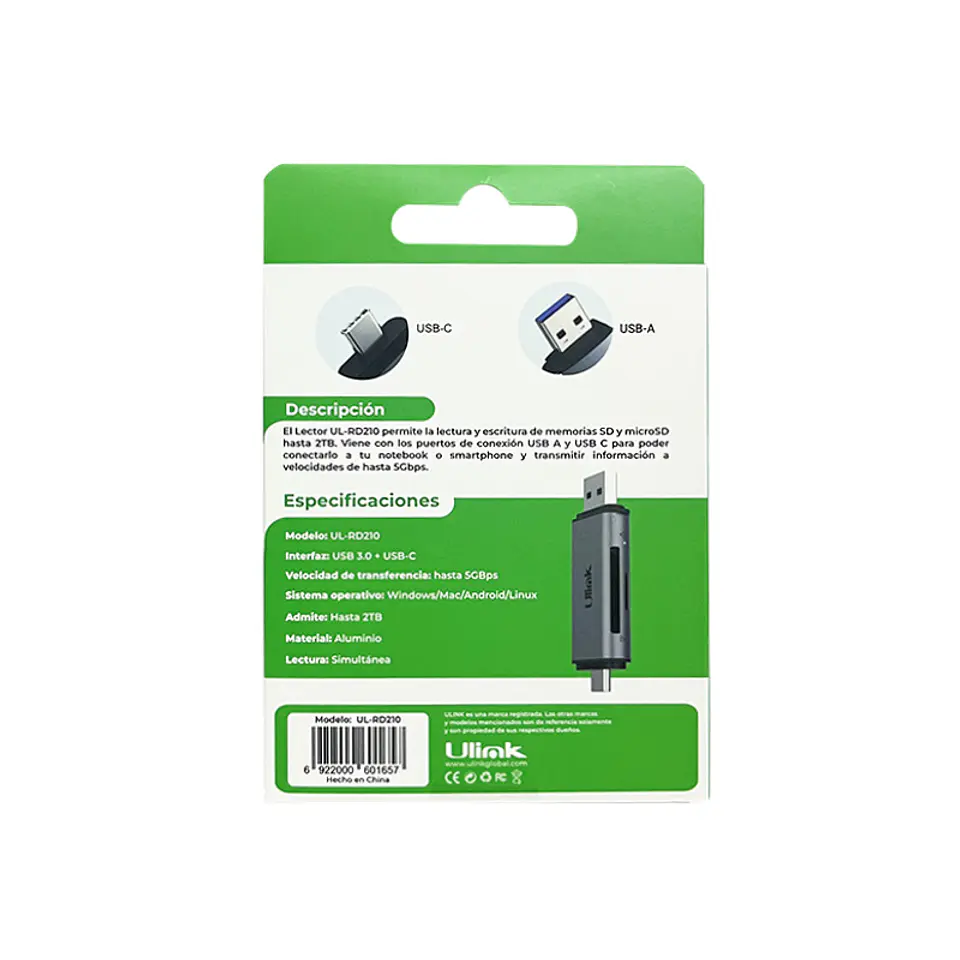 Lector de memorias USB-C/USB para tarjetas SD/microSD 5GB 4
