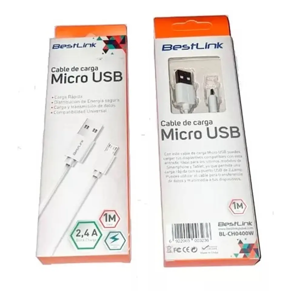 Cable de carga y datos MICRO USB 2.4A BLANCO 1 MTS  2