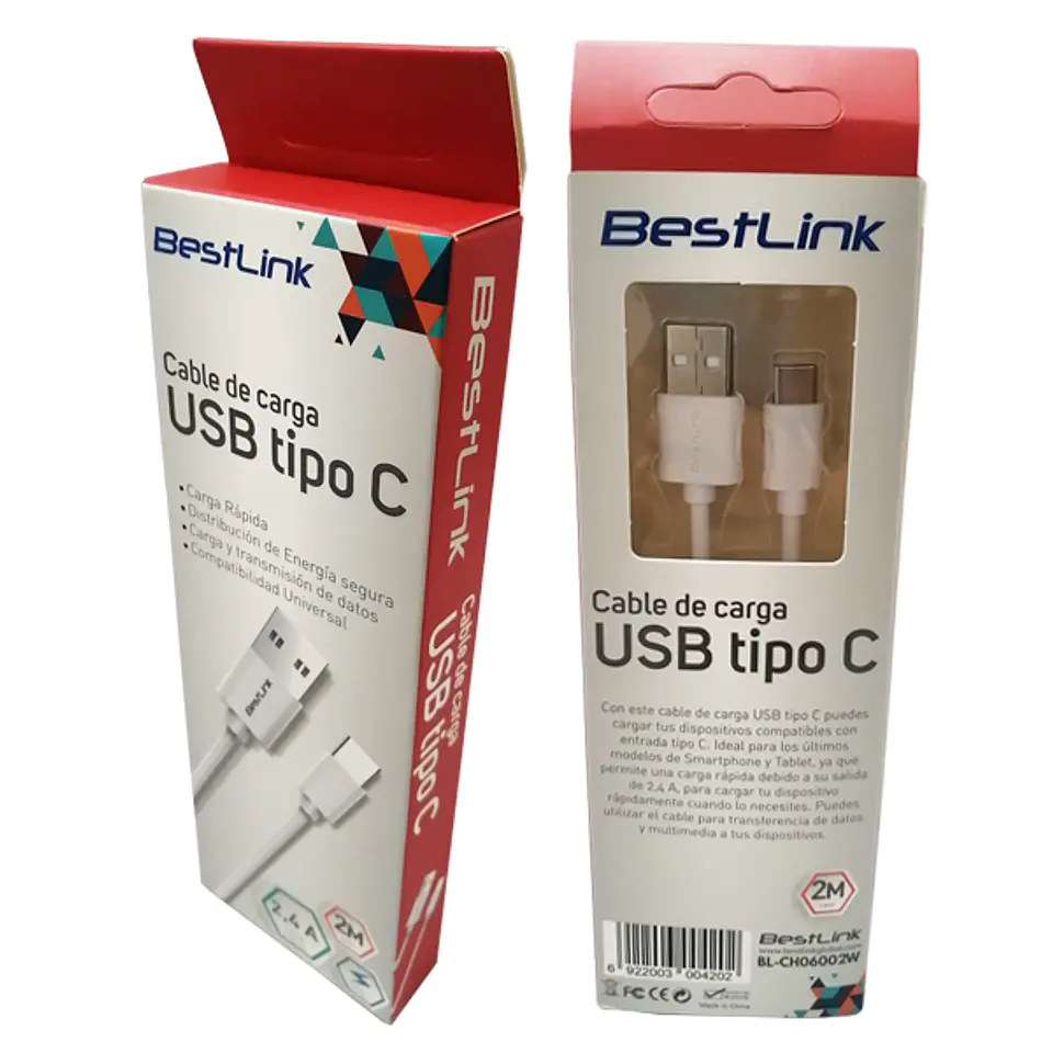 Cable de carga y datos 2.4A USB-C BLANCO 2 MTS 2
