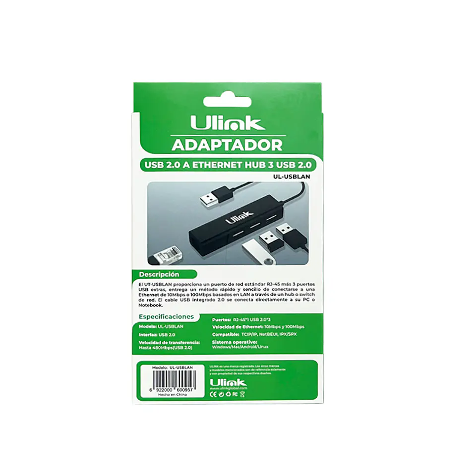 HUB USB 4 puetos (1 RJ45 10/100/ Mbps + 3 USB 2.0) 4