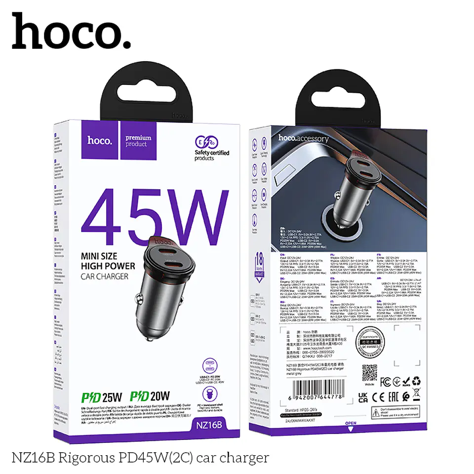 Cargador De Auto Hoco Nz16b Dual USB-C Negro 3